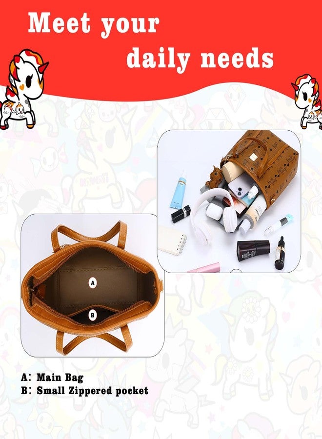 Tokidoki Brown Tote Bag Purse for Women，Cute PU Leather Shoulder Bag Handbags Detachable Tote with Unicorns Print (Medium) - Image 5