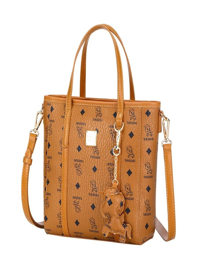 Tokidoki Brown Tote Bag Purse for Women，Cute PU Leather Shoulder Bag Handbags Detachable Tote with Unicorns Print (Medium) - Image 1