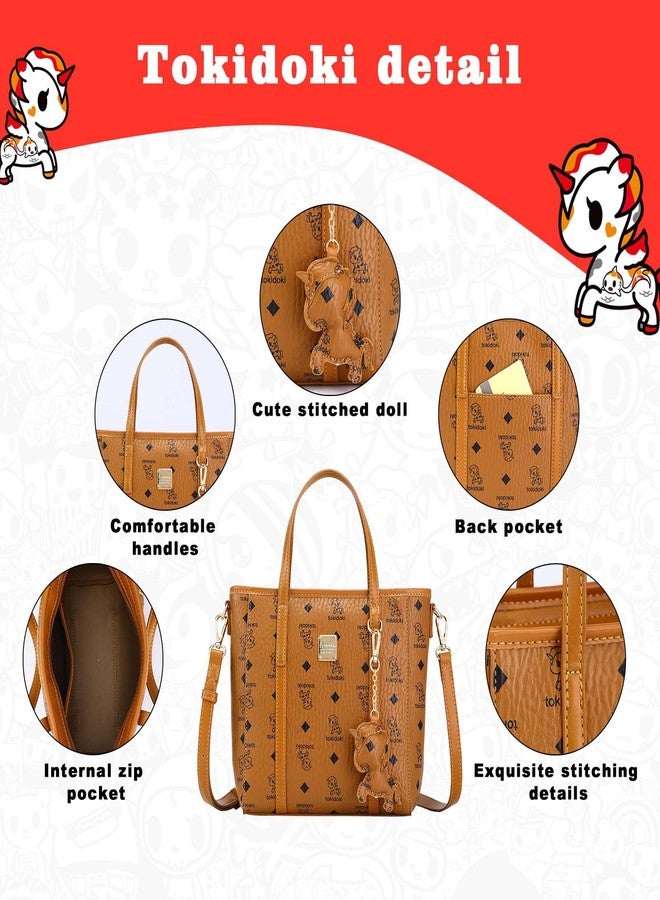 Tokidoki Brown Tote Bag Purse for Women，Cute PU Leather Shoulder Bag Handbags Detachable Tote with Unicorns Print (Medium) - Image 3