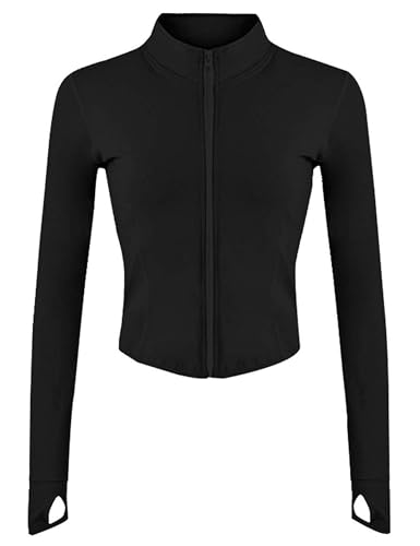 Tanming Women's Full Zip Seamless Workout Jacket Running Yoga Slim Fit Track Jacket (Black-XS) - Image 2