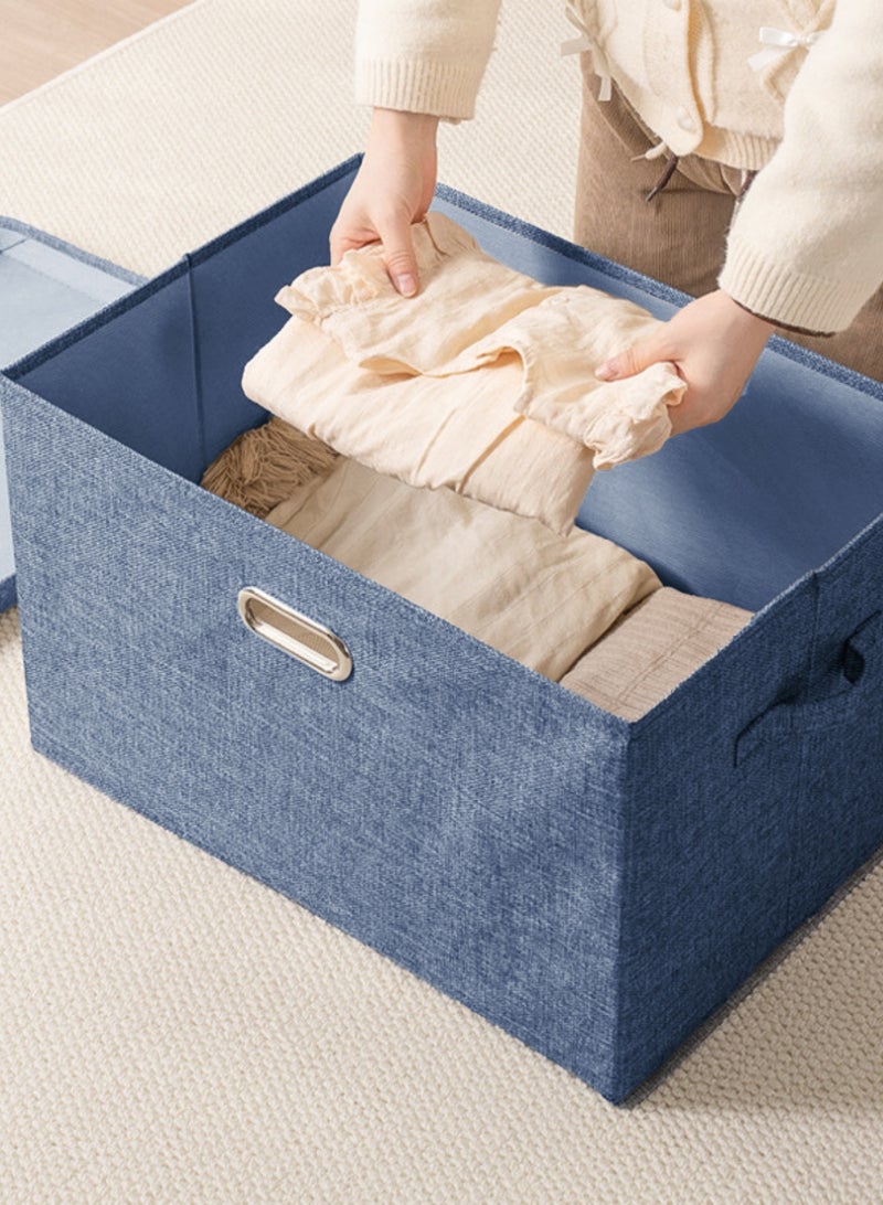 LOOPITYS Cotton Linen Folding Storage Boxes With Lids Decorate The Handle Storage Box With Lid Environmental Protection Durable Fabric Storage For Bedroom Living Room（Blue，44*29*30cm） - Image 3