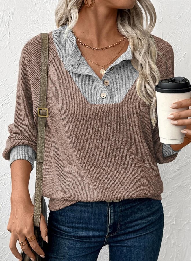 EVALESS Womens Fall Fashion 2025 Womens Long Sleeve Shirts Patchwork Button Up V Neck Sweatshirt Casual Pullover Tops, Tawny, XXL - Image 5