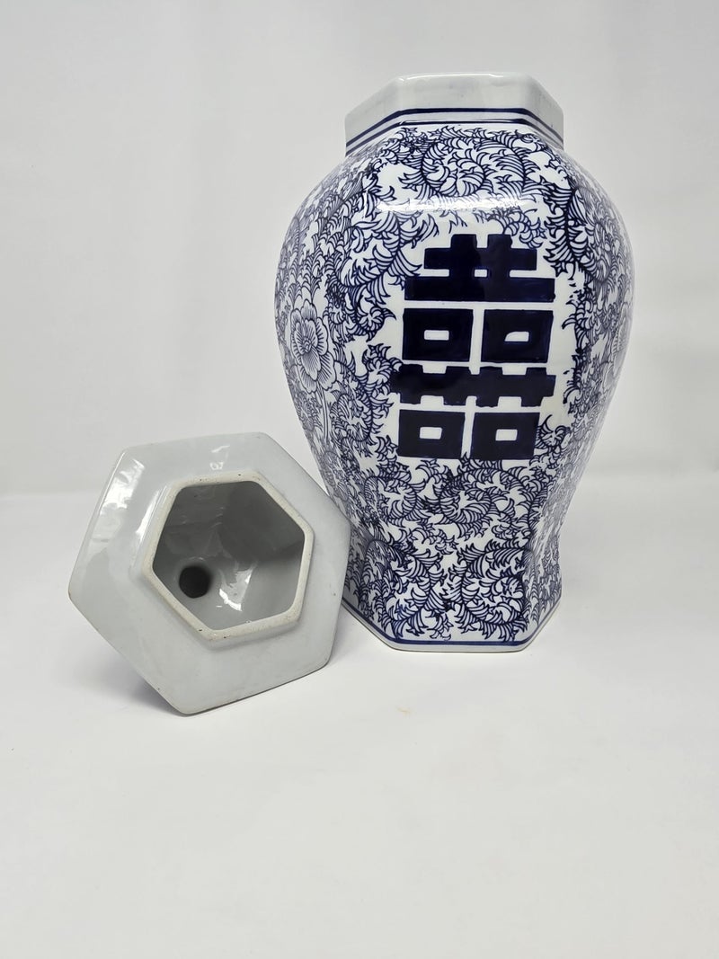 Festcool 14" Classic Blue and White Porcelain Floral Temple Ginger Jar Vase, China Ming Style, Double Happiness, Chinoiserie Vase, Hexagonal Jar - Image 3