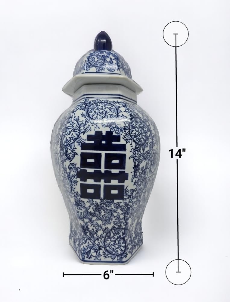 Festcool 14" Classic Blue and White Porcelain Floral Temple Ginger Jar Vase, China Ming Style, Double Happiness, Chinoiserie Vase, Hexagonal Jar - Image 2