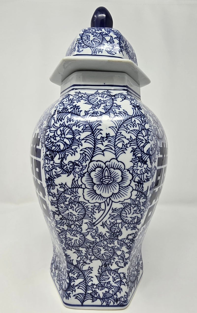 Festcool 14" Classic Blue and White Porcelain Floral Temple Ginger Jar Vase, China Ming Style, Double Happiness, Chinoiserie Vase, Hexagonal Jar - Image 5