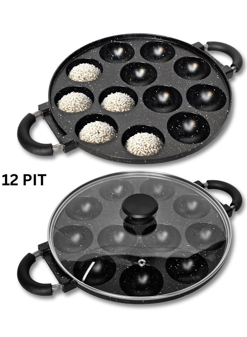 ARTC Non-Stick Appam Pathra Takoyaki Snack Maker Pan with Cover & Two Handles - 12 Cavity Octopus Ball Maker & Egg Cake Mold, Multifunctional Aluminum Alloy Kitchen Cookware, Space-Saving, Easy Cleaning for Home Cooking, Gas Stove, Outdoor & Camping - 12 Pit Multipurpose Cast Iron Takoyaki Griddle - Image 1