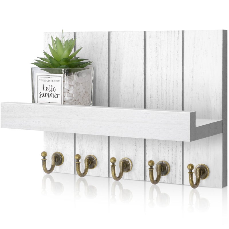Rebee Vision Rebee Vision Key Holder for Wall - Decorative Mail Organizer Wall Mount with 5 Key Hooks for Modern Farmhouse Apartment Essentials - Home Decor for Living Room (Rustic White)  - Image 1