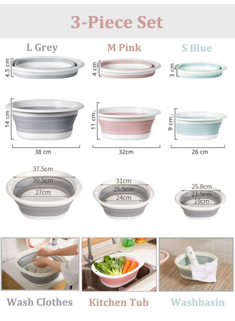 Collapsible Washbasin Set of 3, Wash Bucket, Foldable Kitchen Sink Tub, Collapsible Dish Tub, Portable Basin for Camping, Travel and RV Sinks, Foot Tub, Multipurpose Laundry Wash Basin, Grey, Pink and Blue (L, M, S) - Image 2