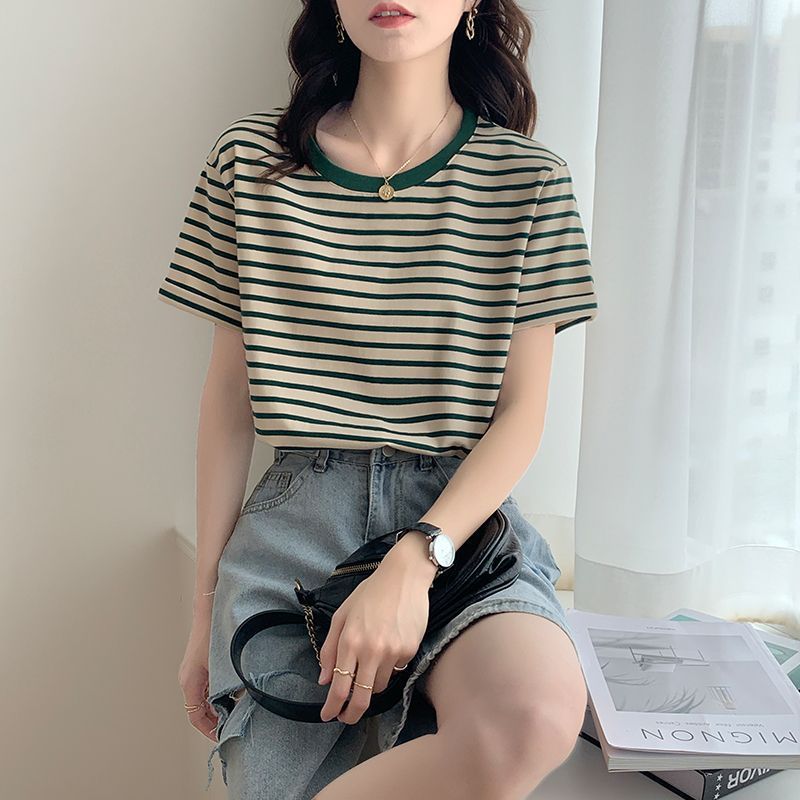 Round Neck Short-Sleeved T-Shirt For Women Summer Loose And Versatile Student 2023 New Design Green Stripesd T-Shirt Top - Image 5