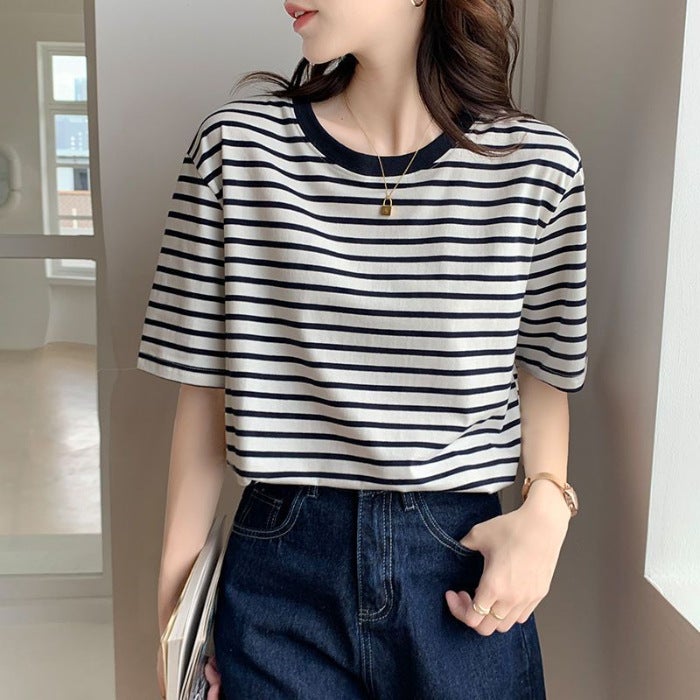 Round Neck Short-Sleeved T-Shirt For Women Summer Loose And Versatile Student 2023 New Design Green Stripesd T-Shirt Top - Image 1