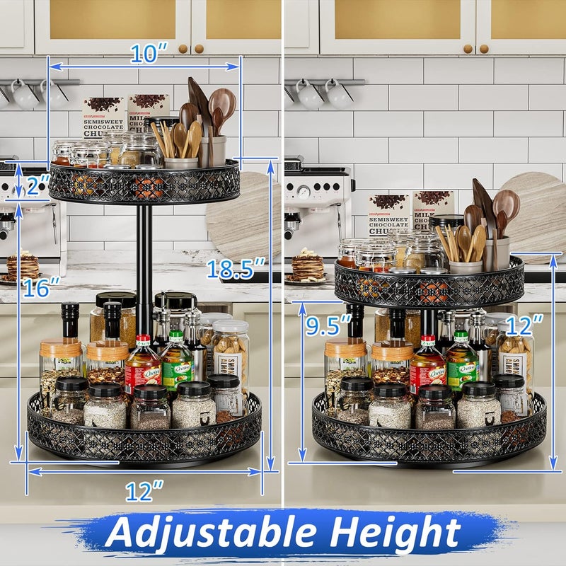 OVICAR Lazy Susan Organizer 2 Tier - Turntable Spice Rack 12 inch Adjustable Metal Rotating Lazy Susan for Cabinet Pantry Kitchen Countertop Dining Table Cupboard Bathroom Vanity Storage Black - Image 3
