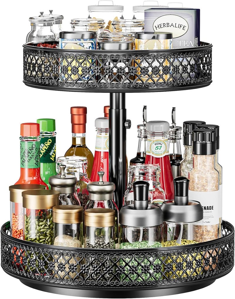 OVICAR Lazy Susan Organizer 2 Tier - Turntable Spice Rack 12 inch Adjustable Metal Rotating Lazy Susan for Cabinet Pantry Kitchen Countertop Dining Table Cupboard Bathroom Vanity Storage Black - Image 1