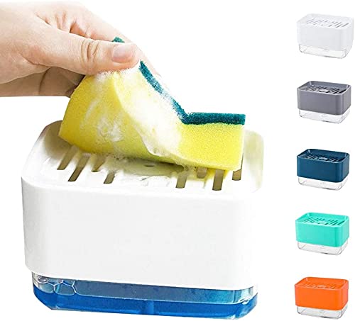 Styxon Dish Soap Dispenser with Sponge Holder and Drain Tray for Kitchen Sink, 3 in 1 Soap Pump Dispenser Sponges Caddy for Countertop, Instant Refill, Durable, Rustproof-(White) - PN-670 - Image 1