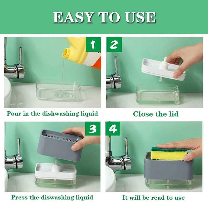 Styxon Dish Soap Dispenser with Sponge Holder and Drain Tray for Kitchen Sink, 3 in 1 Soap Pump Dispenser Sponges Caddy for Countertop, Instant Refill, Durable, Rustproof-(White) - PN-670 - Image 4