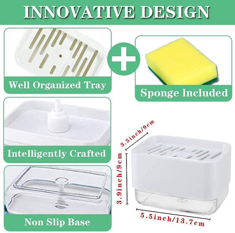 Styxon Dish Soap Dispenser with Sponge Holder and Drain Tray for Kitchen Sink, 3 in 1 Soap Pump Dispenser Sponges Caddy for Countertop, Instant Refill, Durable, Rustproof-(White) - PN-670 - Image 3