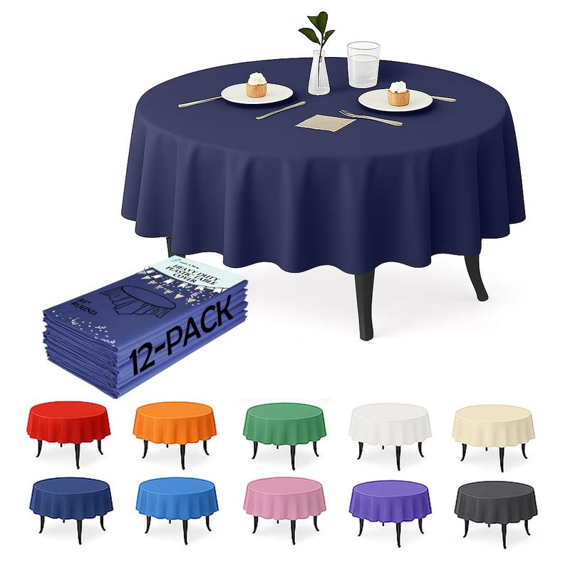 Craft And Party 12-Pack Navy Blue Plastic Tablecloths â€“ 84 Inch Round Disposable Table Covers, Heavy Duty & Waterproof for Parties, Events, Banquets, Navy Blue - Image 1