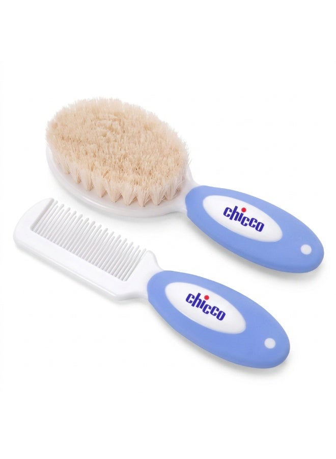 Chicco Baby Goat Hair Brush and Comb Set for Newborn Infant Toddler Hair Care Soft Natural Bristle Baby Grooming Kit Soft Baby Hair Brush and Comb for Cradle Cap Scalp Massage Newborn Hair Grooming and Sensitive Scalp Care - Blue - Image 1