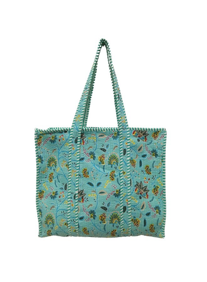 Doraya Cotton Printed Tote Bag,Hand Bag Multicolor Quilted Hand Block Floral Printed Women's Carry Bag Shoulder Shopping Tote Bags 18x5.5x16 Inch (Sea Green 3) - Image 2