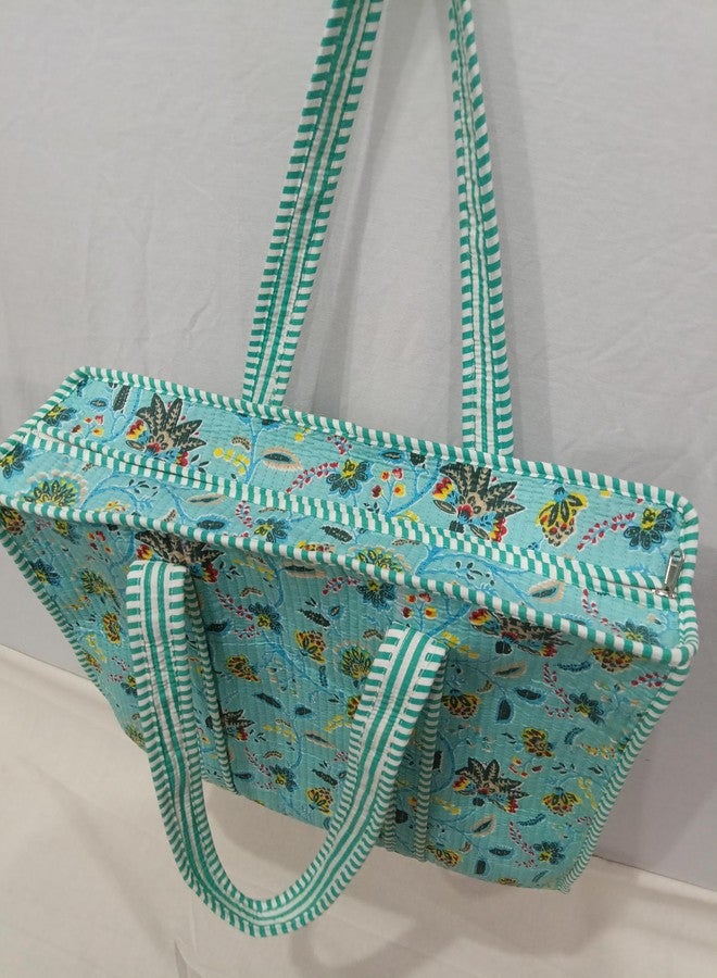 Doraya Cotton Printed Tote Bag,Hand Bag Multicolor Quilted Hand Block Floral Printed Women's Carry Bag Shoulder Shopping Tote Bags 18x5.5x16 Inch (Sea Green 3) - Image 4