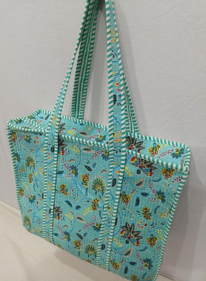 Doraya Cotton Printed Tote Bag,Hand Bag Multicolor Quilted Hand Block Floral Printed Women's Carry Bag Shoulder Shopping Tote Bags 18x5.5x16 Inch (Sea Green 3) - Image 3
