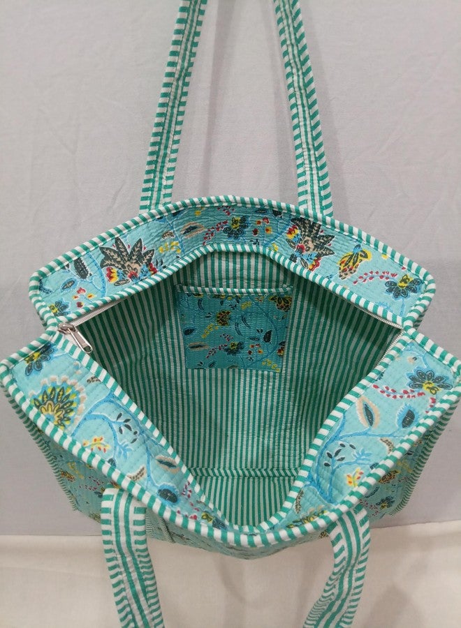 Doraya Cotton Printed Tote Bag,Hand Bag Multicolor Quilted Hand Block Floral Printed Women's Carry Bag Shoulder Shopping Tote Bags 18x5.5x16 Inch (Sea Green 3) - Image 5