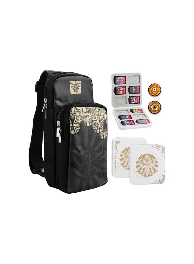 PROMASS Portable Travel Carrying Case Compatible with Nintendo Switch/OLED/Lite, Large Capacity Black Shoulder Bag with 12 Slots Game Case, Thumb Grip Caps for Tears of Kingdom - Image 1