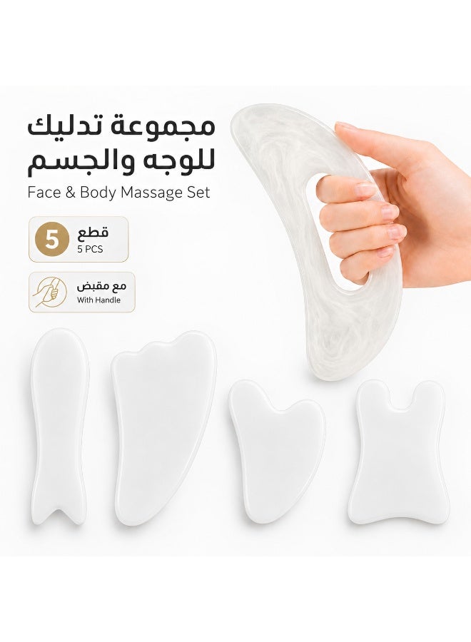5 PCS Gua Sha Tool Set with Handle, Face & Body Massage Scraping Board Kit, White Guasha Massage Tools for Neck, Back, Shoulder, Arms, Legs & Jawline, Beauty Skincare Relaxation Set for Home Spa - Image 1