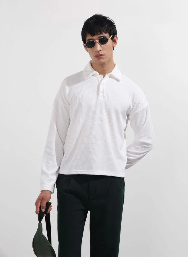 شركة المرآب الهندية Men Boxy Fit Textured Polo Neck Full Sleeves T-Shirt