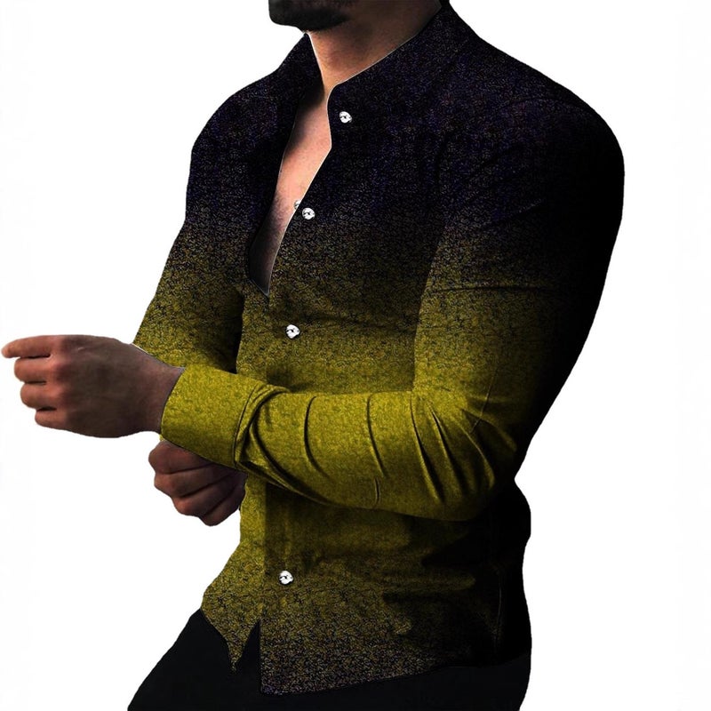 Men's Gradient Floral Print Shirt, Long Sleeve, Spread Collar, Relaxed Fit - Image 5