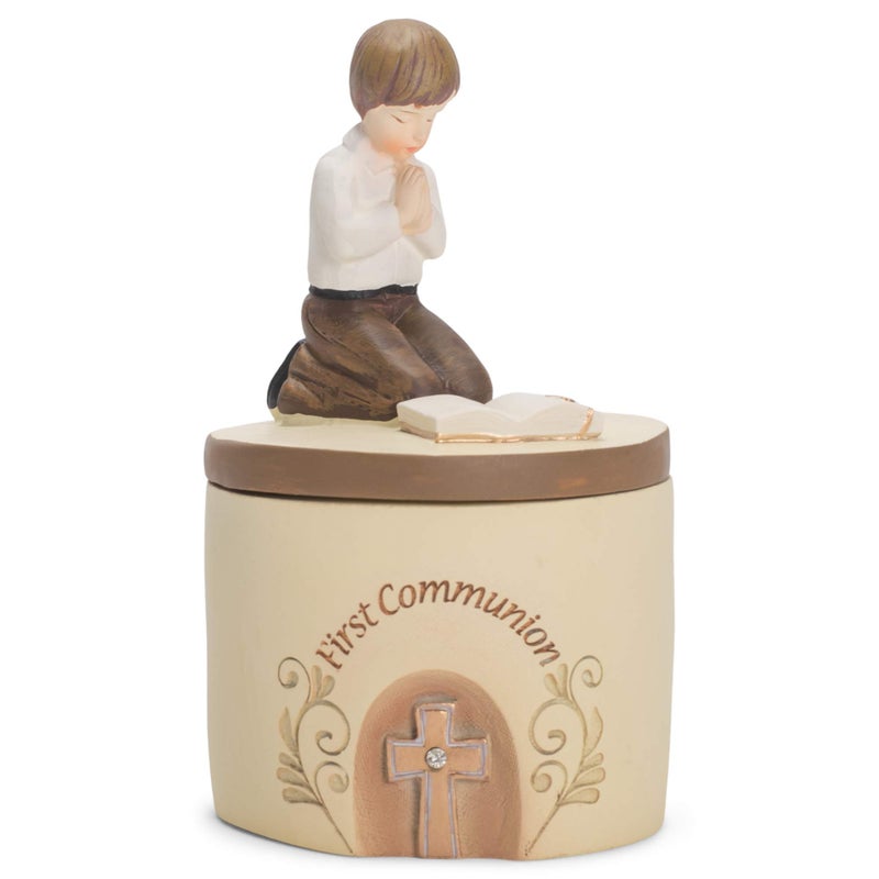 Dicksons First Communion Praying Boy Resin Stone 5 inch Keepsake Box - Image 1