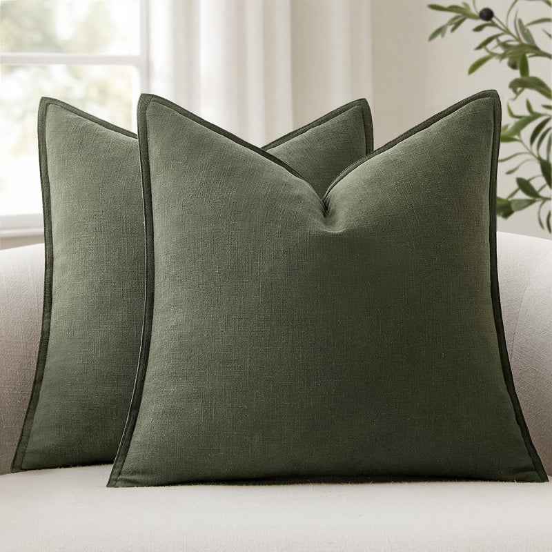 ANRODUO Pack of 2 Decorative Linen Pillow Covers Rifle Green Euro Sham Neutral Farmhouse Boho Soild Cushion Case Soft Accent Pillowcase for Couch Sofa Bedroom Living Room Home Decor 22 x 22 Inch - Image 1