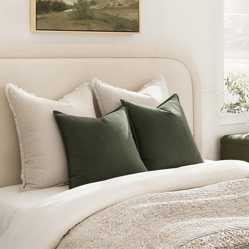 ANRODUO Pack of 2 Decorative Linen Pillow Covers Rifle Green Euro Sham Neutral Farmhouse Boho Soild Cushion Case Soft Accent Pillowcase for Couch Sofa Bedroom Living Room Home Decor 22 x 22 Inch - Image 5