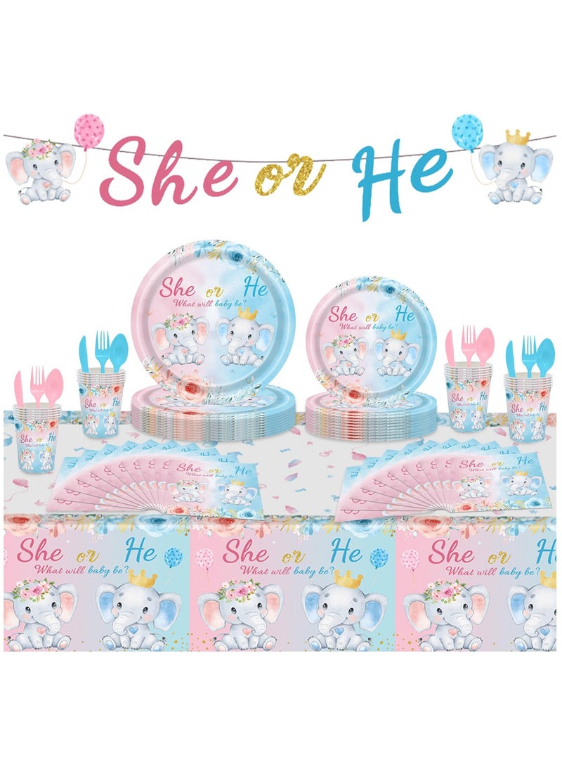 Excefore Gender Reveal Party Supplies, 134 PCS Elephant Baby Shower Gender Reveal Party Tableware for Girls or Boys with She or He Gender Reveal Banner Party Tablecloth Paper Plates Napkins Cups for 16 Guests - Image 1