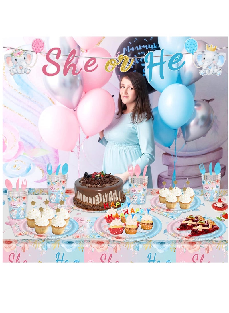 Excefore Gender Reveal Party Supplies, 134 PCS Elephant Baby Shower Gender Reveal Party Tableware for Girls or Boys with She or He Gender Reveal Banner Party Tablecloth Paper Plates Napkins Cups for 16 Guests - Image 4