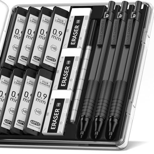 Four Candies 0.9mm Mechanical Pencil Set with Case, 3PCS Metal Artist Lead Pencil with 8 Tubes (480PCS) HB Lead Refills, 3 Erasers, 9 Eraser Refills For Engineer Art Writing Drafting, Black - Image 1