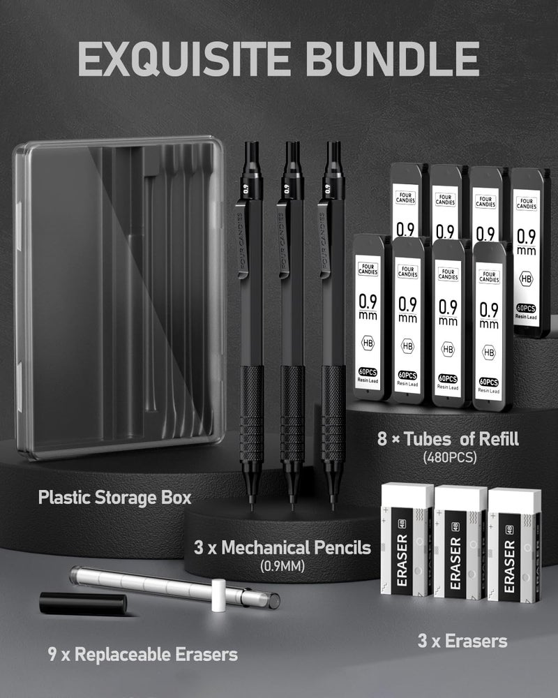 Four Candies 0.9mm Mechanical Pencil Set with Case, 3PCS Metal Artist Lead Pencil with 8 Tubes (480PCS) HB Lead Refills, 3 Erasers, 9 Eraser Refills For Engineer Art Writing Drafting, Black - Image 4