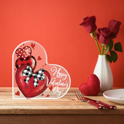 Sm:)e Smile Valentines Day Heart - Shaped Acrylic Plaque, Red Heart with Buffalo Plaid Bow, Gift Box for Girlfriend Boyfriend Husband Wife Desk Sign Decor Home Office - Image 1