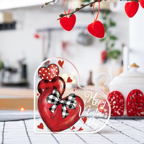 Sm:)e Smile Valentines Day Heart - Shaped Acrylic Plaque, Red Heart with Buffalo Plaid Bow, Gift Box for Girlfriend Boyfriend Husband Wife Desk Sign Decor Home Office - Image 4