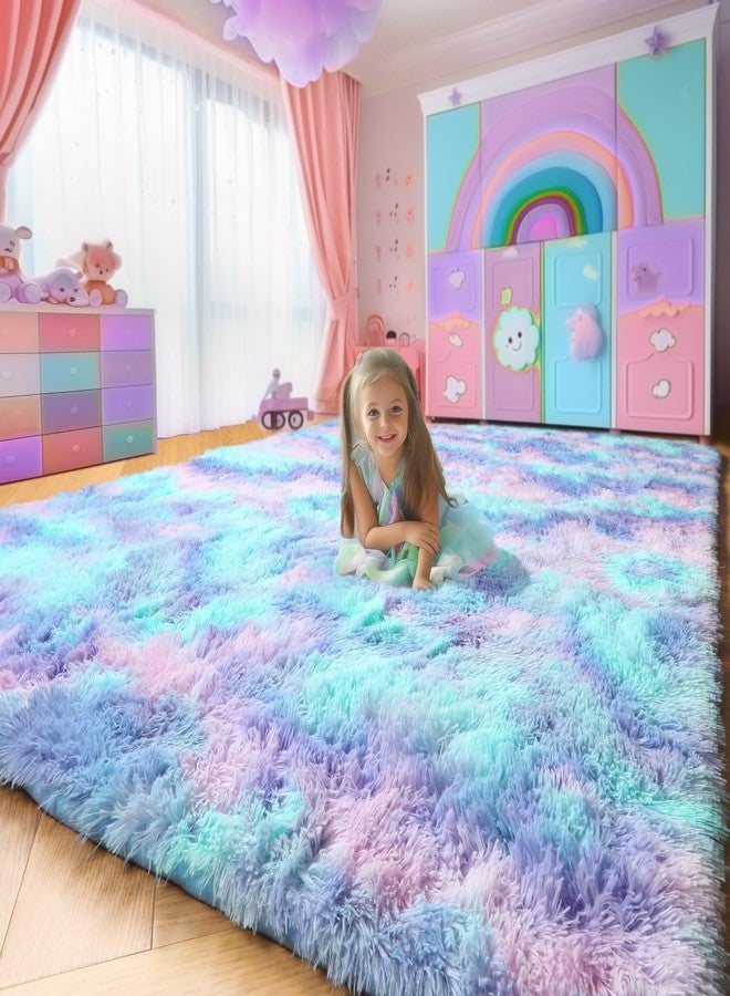 Amdrebio Blue Purple Rainbow Mermaid Rugs for Bedroom Girls Room Decor Aesthetic, 5x8 Fluffy Kawaii Area Rugs for Kids Room Nursery Dorm, Stitch Frozen Fuzzy Carpet, Cute Plush Furry Baby Toddler Rug - Image 1