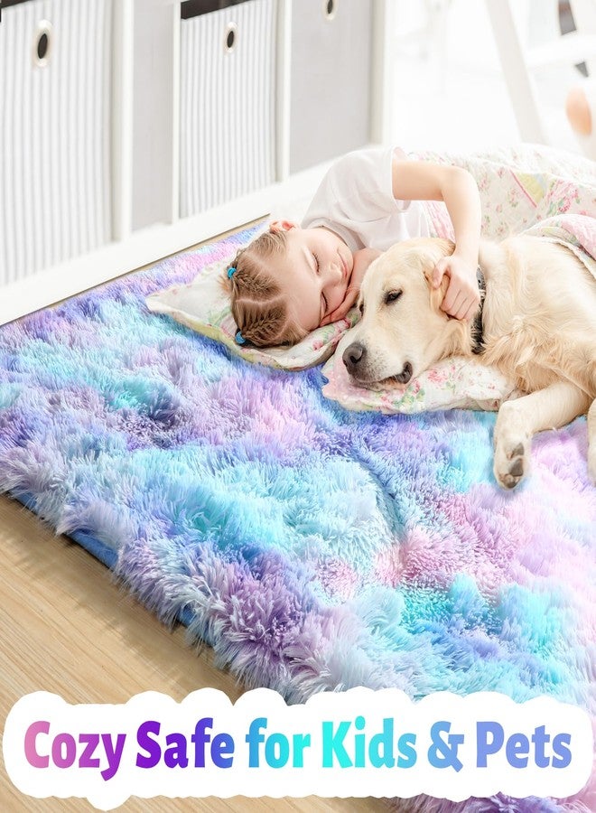 Amdrebio Blue Purple Rainbow Mermaid Rugs for Bedroom Girls Room Decor Aesthetic, 5x8 Fluffy Kawaii Area Rugs for Kids Room Nursery Dorm, Stitch Frozen Fuzzy Carpet, Cute Plush Furry Baby Toddler Rug - Image 2