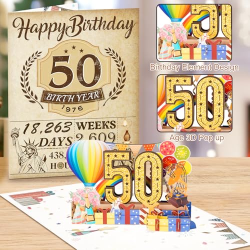 OLOSONG 50th Birthday Card for Men Women, 3D Pop Up 50th Birthday Gifts Cards for Him Her, Back In 1976 Funny 50 Year Old Birthday Decorations, Classy Vintage - Image 4