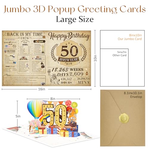 OLOSONG 50th Birthday Card for Men Women, 3D Pop Up 50th Birthday Gifts Cards for Him Her, Back In 1976 Funny 50 Year Old Birthday Decorations, Classy Vintage - Image 3