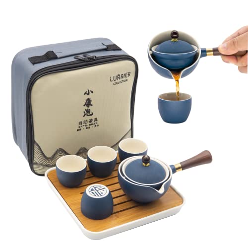 LURRIER Porcelain Chinese Gongfu Tea Set,Portable Teapot Set with 360 Rotation Tea maker and Infuser,Portable All in One Gift Bag for Travel,Home,Gifting,Outdoor and Office(Blue) - Image 1
