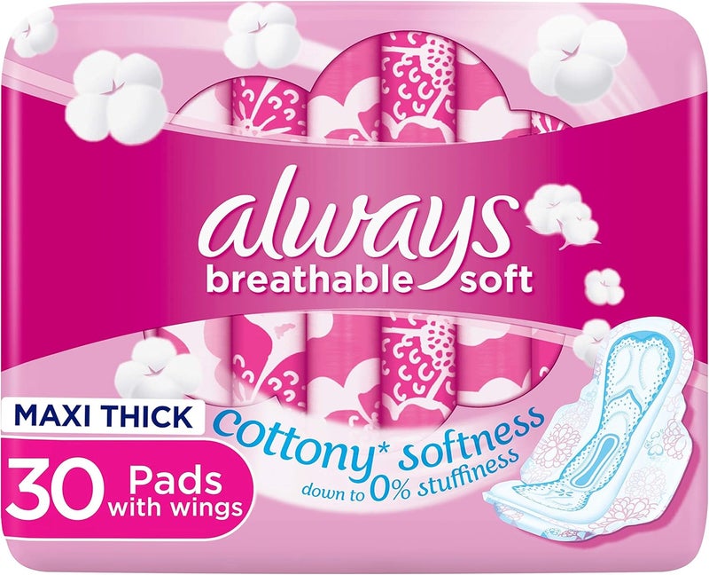 Always Breathable Soft Maxi Thick Sanitary Pads with Wings - 30 Count - Image 1