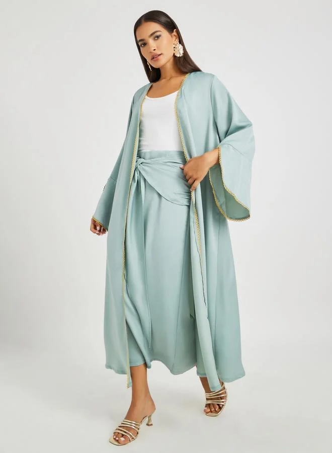 Take Two Take Two Solid Bell Sleeve Open Front Abaya and Twisted Waist Skirt Set