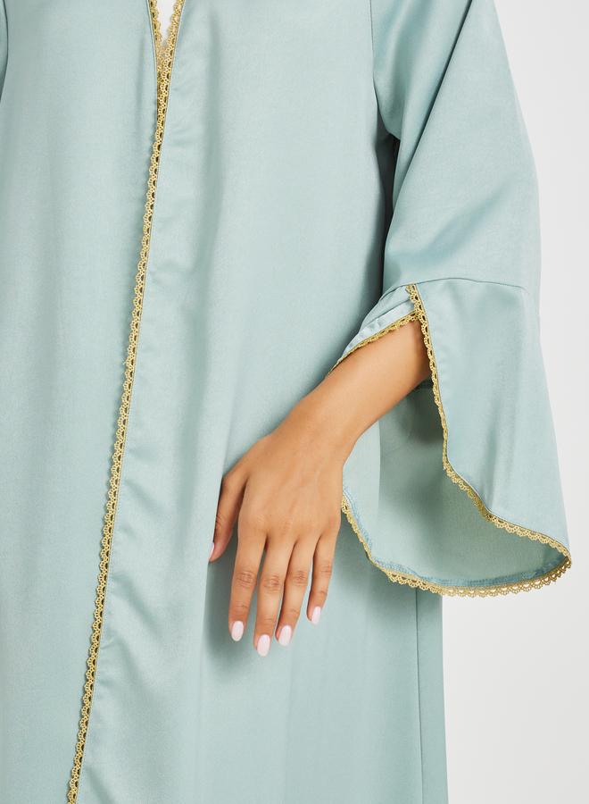 Take Two Solid Bell Sleeve Open Front Abaya and Twisted Waist Skirt Set - Image 4