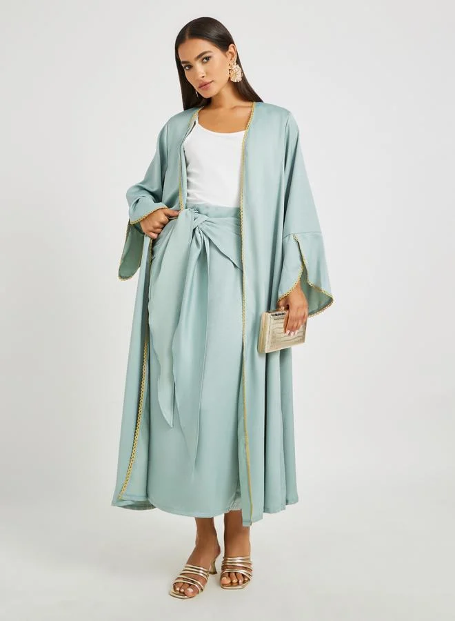 Take Two Take Two Solid Bell Sleeve Open Front Abaya and Twisted Waist Skirt Set