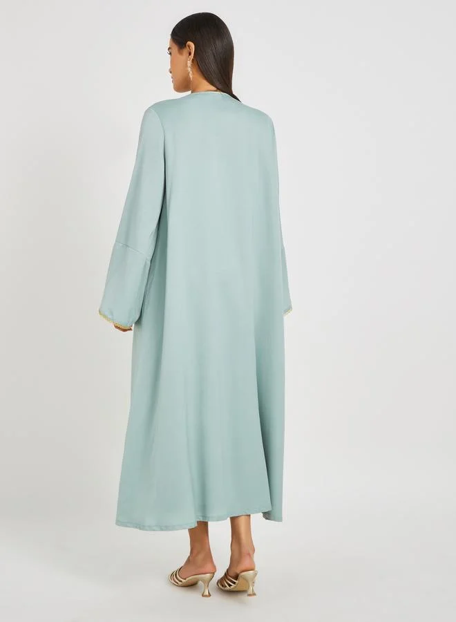 Take Two  Take Two Solid Bell Sleeve Open Front Abaya and Twisted Waist Skirt Set for Women | Best Price UAE
