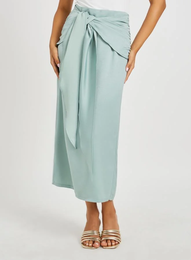 Take Two  Take Two Solid Bell Sleeve Open Front Abaya and Twisted Waist Skirt Set for Women | Best Price UAE