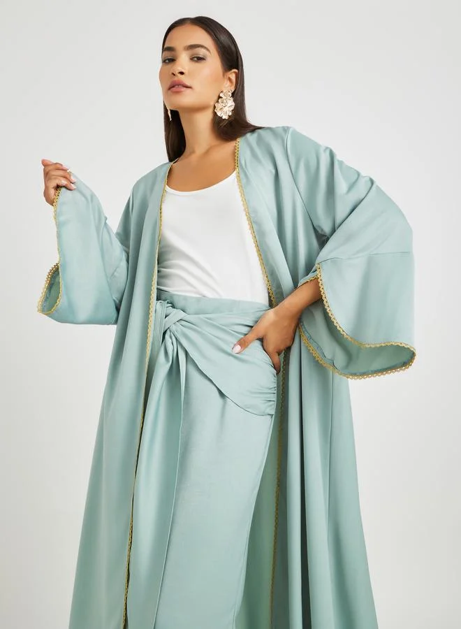 Take Two  Take Two Solid Bell Sleeve Open Front Abaya and Twisted Waist Skirt Set for Women | Best Price UAE